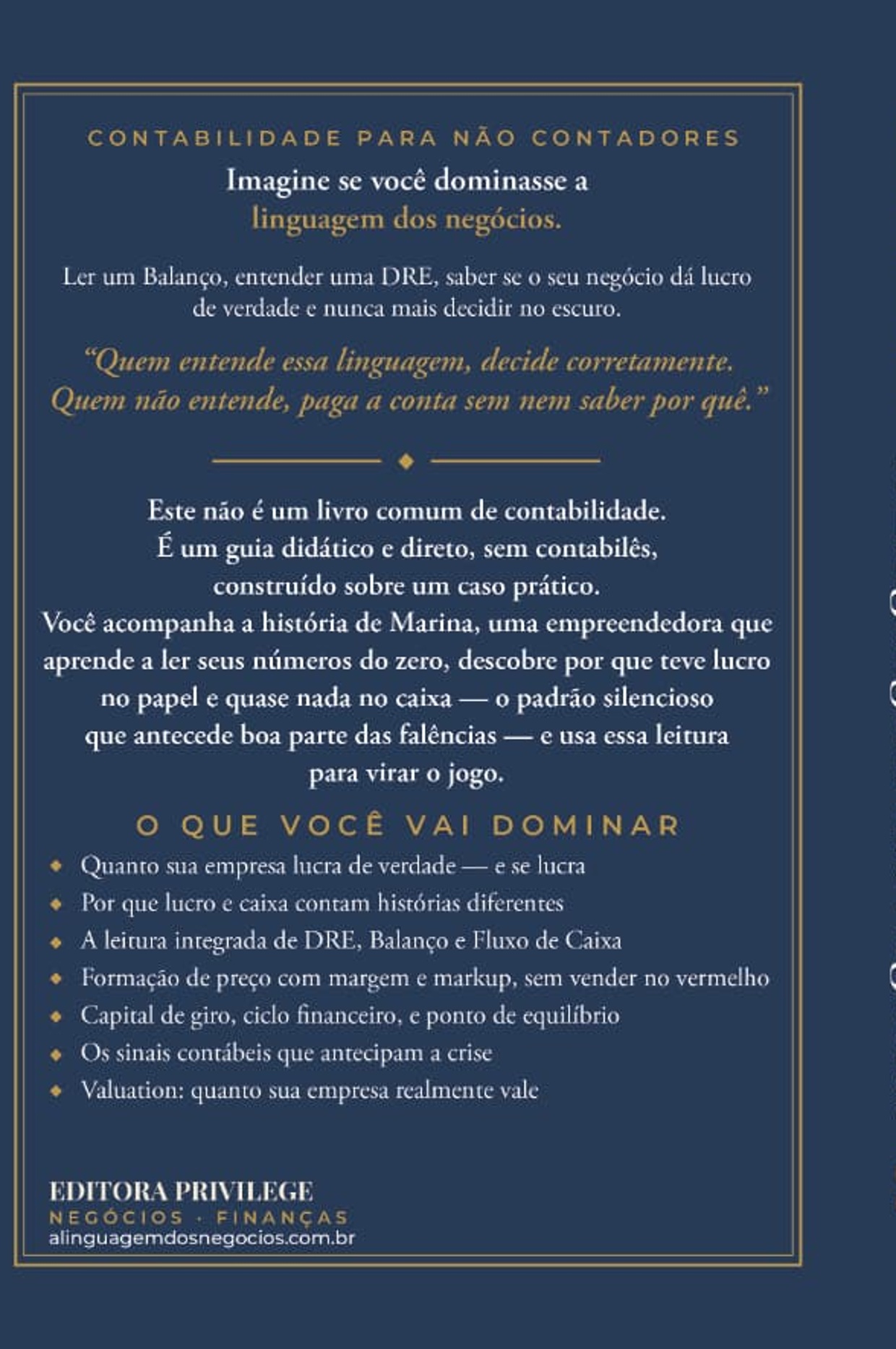 Contracapa do livro A Linguagem dos Negócios com a sinopse e os temas abordados